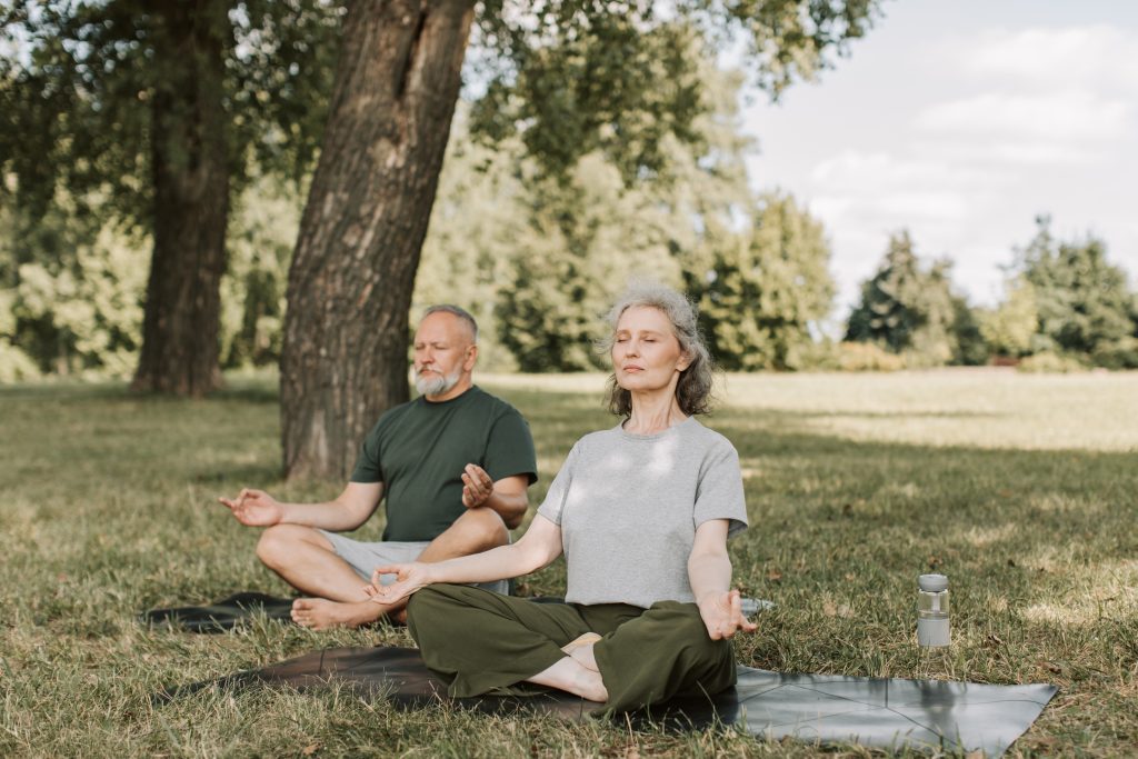 Couple sits in the grass under a large tree on a sunny day and meditates